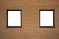 Two blank windows with wooden frames on orange brick wall background Royalty Free Stock Photo