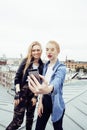 Two blonde real teenage girl hanging out at summer together best friends, lifestyle people concept Royalty Free Stock Photo