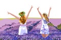 Two blonde women in white dresses with floral crowns on head standing in lavender field with their hands up
