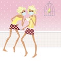 Two blondes in medical masks with a soup cup in their hands in the kitchen. Quarantine. Illustration