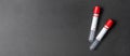 Two blood test tubes on black background with blank text area Royalty Free Stock Photo