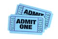 Two blue admit one cinema theater tickets isolated
