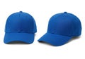 Two blue baseball caps displayed from different angles isolated on white background Royalty Free Stock Photo