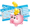 Two blue boarding passes and piggy bank icon. Royalty Free Stock Photo