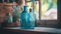 Two blue bottles sitting on a wooden table next to some flowers, AI Royalty Free Stock Photo