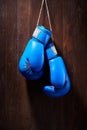 Two blue boxing gloves hanging against wooden background. Royalty Free Stock Photo