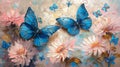 Two blue butterflies flutter among pink and white flowers Royalty Free Stock Photo