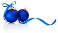 Two Blue Christmas balls with ribbon bow Isolated on white background Royalty Free Stock Photo