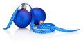 Two blue christmas balls and ribbon Isolated on white background Royalty Free Stock Photo