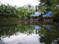 two blue color roof huts near the reflection clear water pond