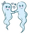 Two blue-colored cute little love ghosts vector or color illustration