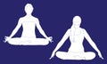 Two blue contour white color silhouettes of various European women in position yoga pose, doing pranayama breath Indian East