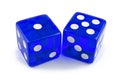 Two blue dice isolated on a white background with shadow. One and five macro photo. Royalty Free Stock Photo