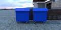 Two blue dumpsters in front of the entrance to the house. Steel bicycle parking nearby. Multi-colored paving stones. 3d render