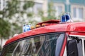 Two blue flashing lights on the roof of fire truck Royalty Free Stock Photo