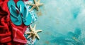 two blue flipflop sandals, a beach towel, red towel and starfish