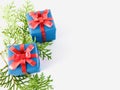 Two Blue gift boxes with red ribbon on white background with branches aside Royalty Free Stock Photo