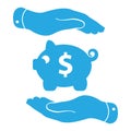 Two blue hands protecting piggy bank icon on a white background Royalty Free Stock Photo