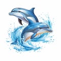 Two blue jumping bottlenose dolphins in water with waves and splashes. White isolated background Royalty Free Stock Photo