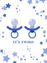 Two blue nipple for baby postcard. It`s twins illustration. Invitation for the birthday