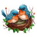 Two blue and orange birds sitting in a nest. Royalty Free Stock Photo