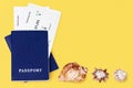 Two blue passport, boarding pass, seashells yellow background closeup top view, flight ticket, sea shells, travel, summer holidays Royalty Free Stock Photo