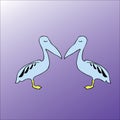 Two blue pelicans with patterned wings in profile, standing on one foot opposite each other with closed eyes.