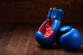 Two blue and red boxing gloves on brown wooden plank against wooden background. Royalty Free Stock Photo