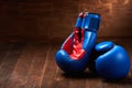 Two blue and red boxing gloves on brown wooden plank against wooden background. Royalty Free Stock Photo