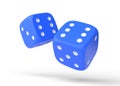 Two blue rolling gambling dice in Flight on a white background Royalty Free Stock Photo