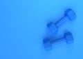 Two blue rubber or plastic coated fitness dumbbells on blue background