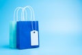 Two blue shopping or gift bags isolated on blue background Royalty Free Stock Photo