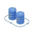 Two blue stacked cylinders with yellow dots connected by a blue arrow loop data database Royalty Free Stock Photo