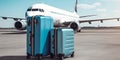 Two blue suitcases on the background of the plane. Summer vacation photo. Generative AI