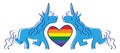 Two blue unicorns with a heart-pride flag LGBT in the middle