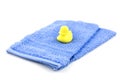 Two blue washcloth with yellow soap duck