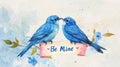 Watercolor Finches Be Mine Scroll Two blue watercolor finches perched on a scroll that says Be Mine symbolizing love roman Royalty Free Stock Photo
