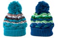 Two blue bobble winter knit ski hat isolated white Royalty Free Stock Photo