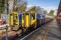 Two blue and yellow trains at Lancaster train station