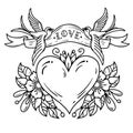 Two bluebirds carry ribbon with lettering LOVE over heart. Red heart decorated with flowers. Black and white tattoo