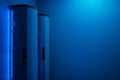 Two bluelit servers, small data box, cyber security concept, ample text space, background pure