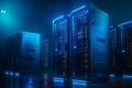 Two bluelit servers, small data box, cyber security concept, ample text space, background pure