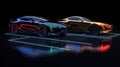 two BMW sports cars on black background generative AI Royalty Free Stock Photo