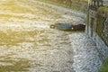 Two boat, River drought, blue boat without water due global warming