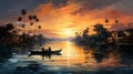 Colorful Sunset Painting With Boats And Reflections