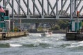 Two boats navigating the open locks in the Shinnecock canal Royalty Free Stock Photo