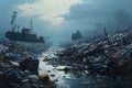 Two boats rest on a stack of rubbish, highlighting pollution and its impact on water bodies, Pollution of the environment, Concept