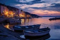 Two boats are seen peacefully docked in the calm water, with the sunlight reflecting off their surfaces, A quiet harbour town with Royalty Free Stock Photo