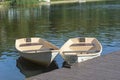 Two boats are tied to the pier. Rent a boat for walking along the river in summer. Selective focus