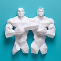 two body builders made with white folded paper on sky blue background generative AI